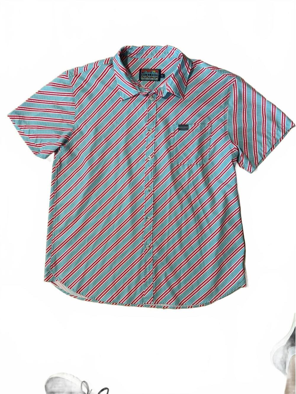 Burlebo Men's XL Short Sleeve Button-Up Shirt in Blue Red Stars and Stripes